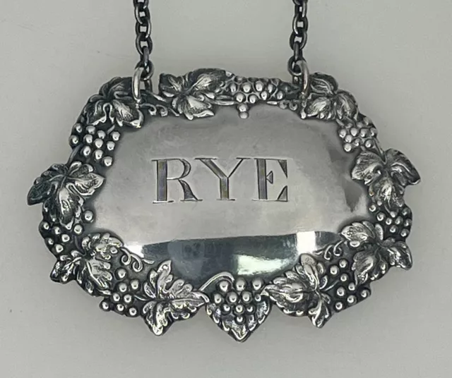 Vintage Rye Sterling Silver Decanter Liquor Tag Ticket Label -92110