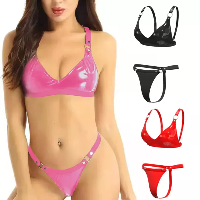 Set lingerie donna sexy in PVC lucido pelle reggiseno top in lattice + perize posteriori discoteca