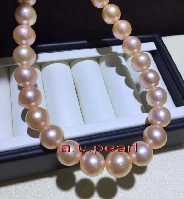 big ROUND AAAAA 17"12-14mm real NATURAL south sea gold pink pearl necklace 14K