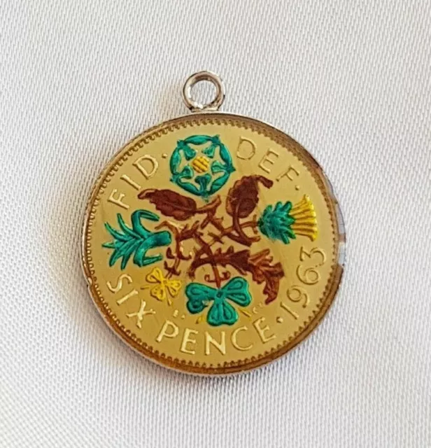 Pendant ~ Enamelled 1963 Sixpence QEII (6d) Coin ~ Multi-Coloured