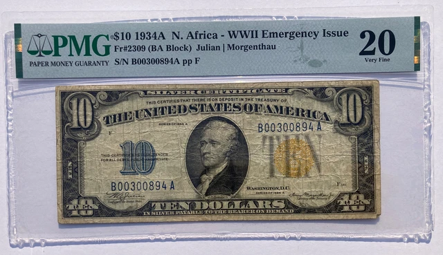 1934 ($10) Ten Dollar North Africa Yellow Seal - Wwii Emergency Issue Pmg 20