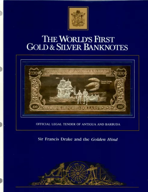 23kt Gold & Silver UNC $100 Antigua 1981 - Sir Frances Drake & Golden Hind