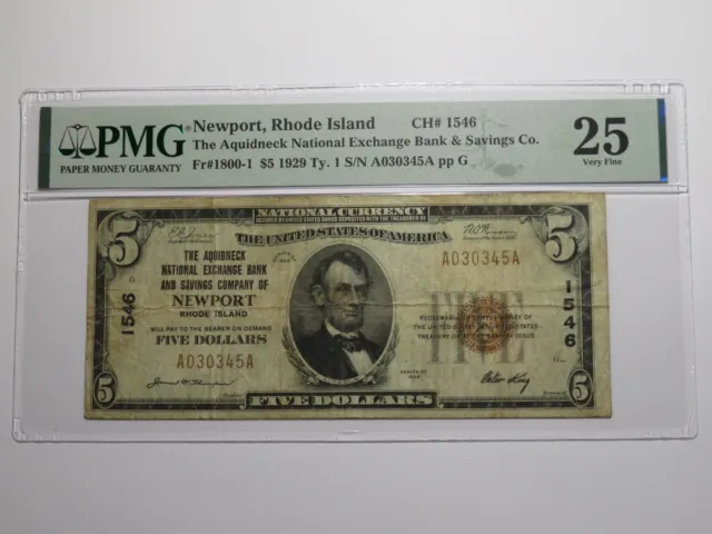 $5 1929 Newport Rhode Island National Currency Bank Note Bill Ch. #1546 VF25 PMG