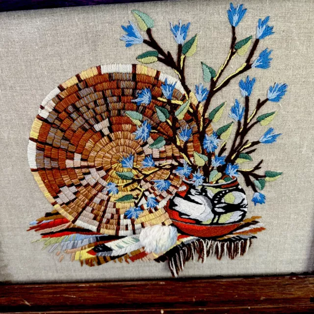 vintage needlepoint framed wall art. Southwest Native Basket Pottery Feather.(WW