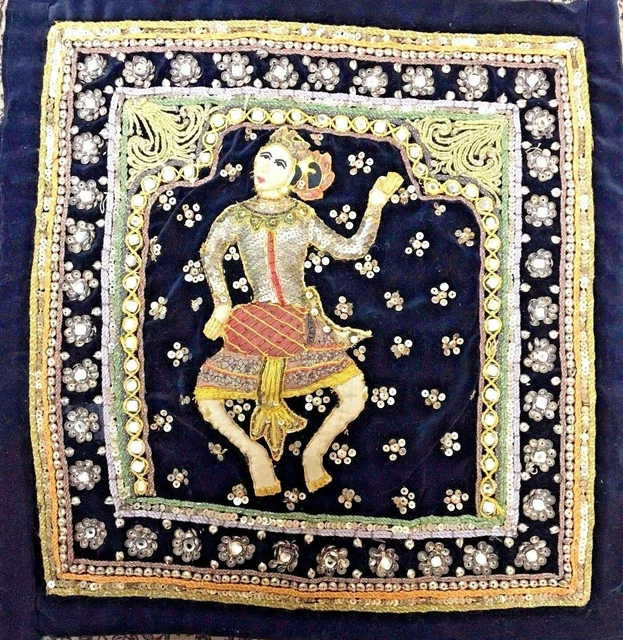 Kalaga Burmese Myanmar Ethnic 3D Embroiderrd Sequin Tapestry DANCING WOMAN VTG