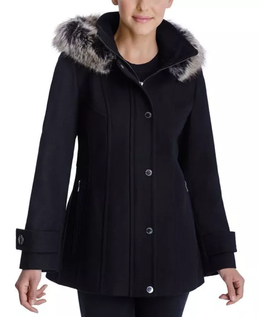 London Fog Women's Faux-Fur-Trim Hooded Walker Coat Medium Black Wool Zip