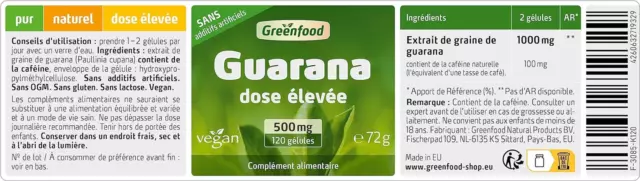 Greenfood Guarana, 500 Mg, Dose Élevée, Pur, 120 Gélules, Végan. Contient De La 3