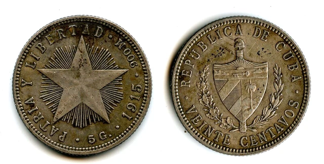 Latin American 1915 Silver 20 Centavos Coin