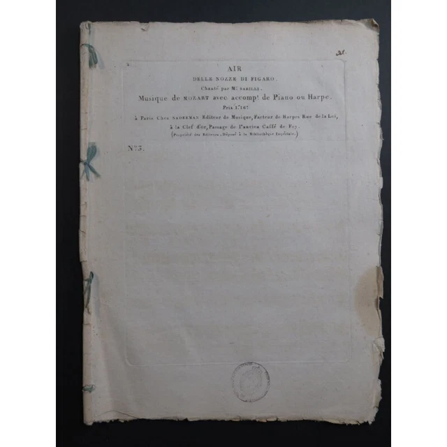 MOZART W. A. Air dellle Nozze di Figaro Chant Piano ou Harpe ca1800 2