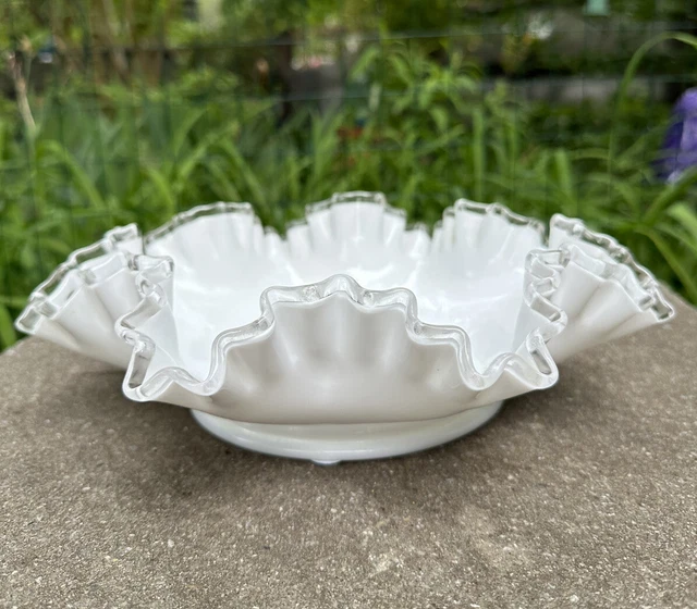 Fenton Silver Crest LARGE Bowl 11” Double Ruffle Milk Glass Clear Edge Vintage