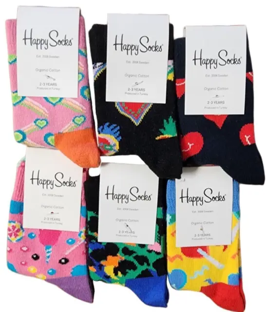 Happy Socks Girls' Organic Cotton Colorful Soft Crew Socks 6 Pairs Set 2-3Y NEW