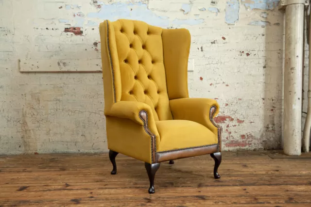 Handmade Mustard Gold Velvet & Tan Leather Chesterfield High Back, Wing Chair