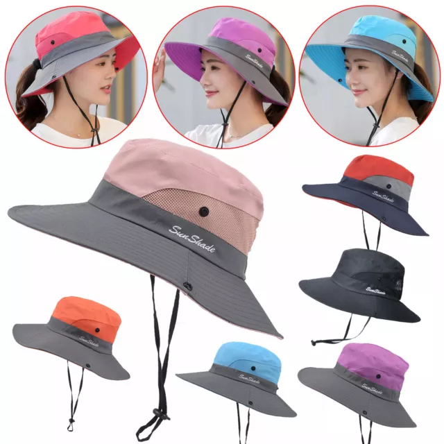 Women Wide Brim Ponytail Hat Sun Protect Visor Summer Beach Cap Anti UV Floppy