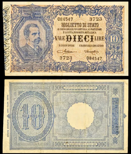 1923 Italy 10 Lire Banknote, Bust of King Umberto I within a medallion