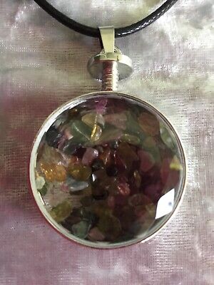 Natural Colourful Toumaline Chip Round Glass Pendant Necklace + Wax Leather Cord