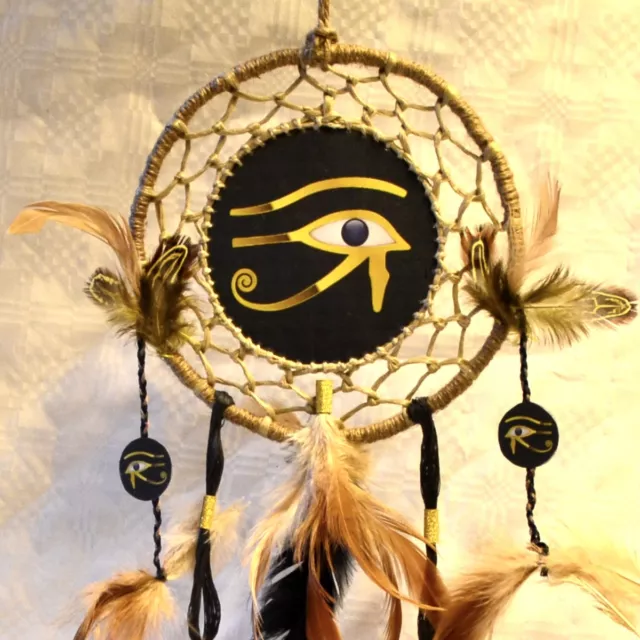 Traumfänger Horusauge Dreamcatcher Windspiel gold schwarz Naturfeder Handarbeit