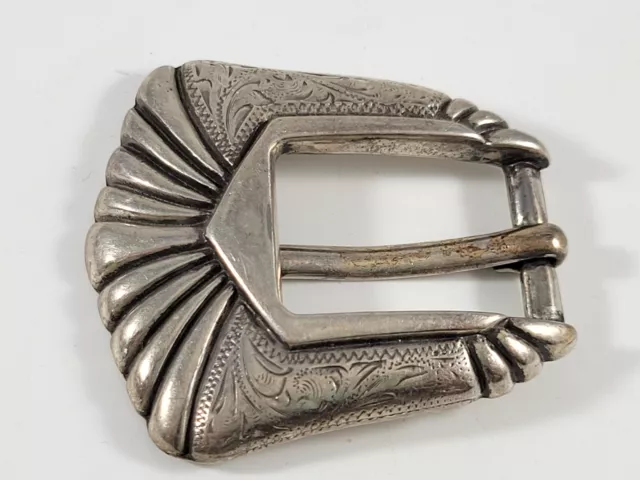 Vintage Belt Buckle Heavy Signed Taiwan R.O.C. Etched Scalloped Silver Tone