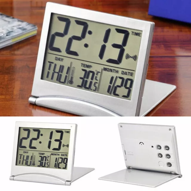 1x Silver Digital LCD Display Desk Alarm Clock Calendar 2023 SALE Time Date N9C0