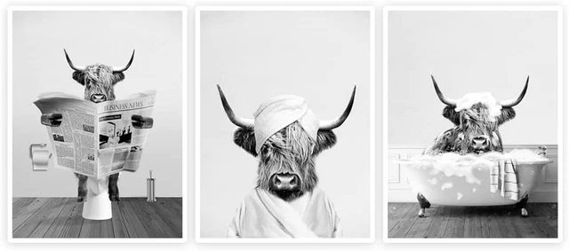 YLYYOO Funny Highland Cow Bathroom Wall Art,Black and White Canvas Wall Art Farm