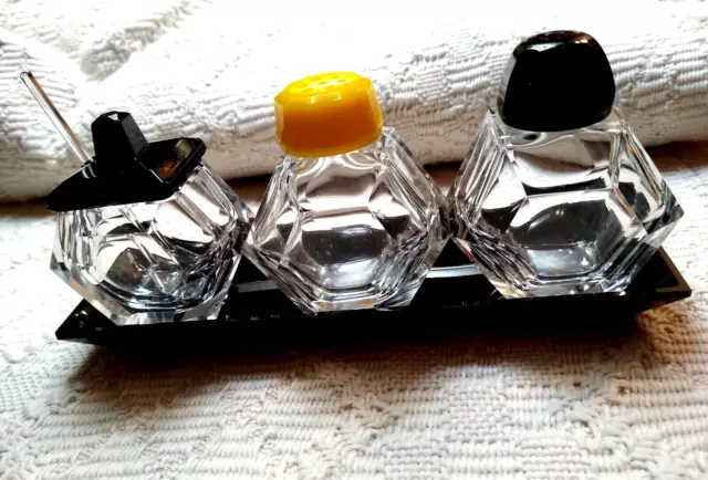 ART DECO Black and Clear Glass Condiment Set -1930's -CLEAN - NICE !