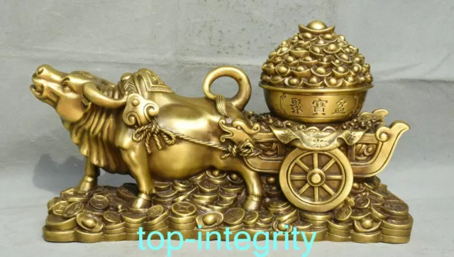 13.7'' Pure Bronze Fengshui Wealth Yuanbao Wealth Coinn Cattle Pull Cart Statue