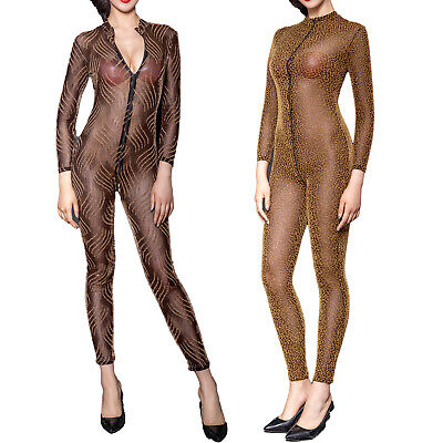 Damen Jumpsuit Langarm Halb-Transparent Overall Einteiler Body Party Clubwear