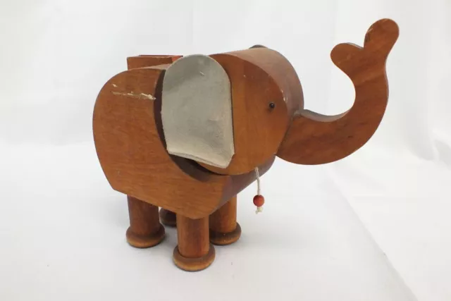Vintage Barkleys Wooden Toy Factory Wood Elephant Bank Movable Leather Ears
