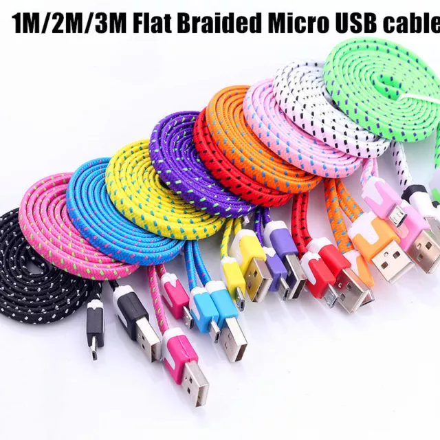 1M 2M 3M Flat Braided Fabric Micro USB Charger Cable For Android samsung HTC MOB