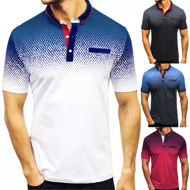 Mens Fashion Casual Sports Printed Turndown Collar Short Sleeve Shirt Top Blouse