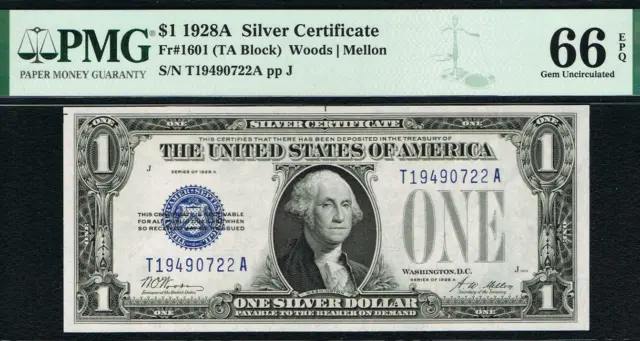 $1 1928A  Silver Certificate. Fr. 1601. PMG 66 EPQ. TOUGH TA BLOCK.