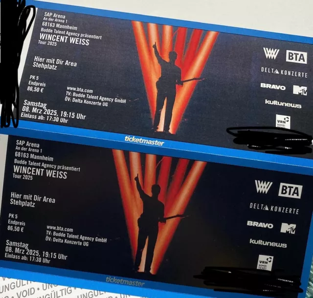 2x Tickets Wincent Weiss „Hier mit dir Area“ für Mannheim, 08.03.2025