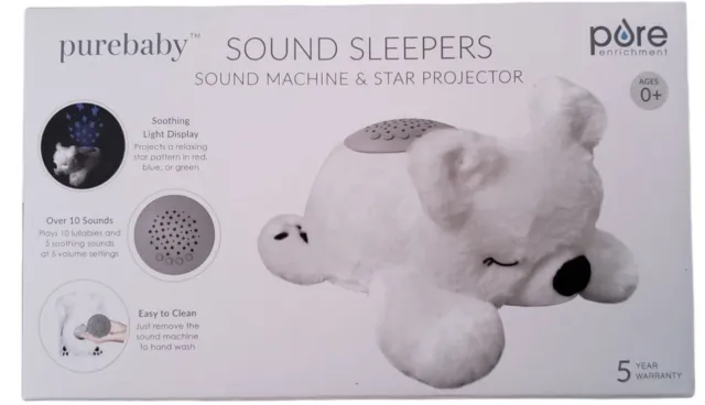 PureBaby Sleeping Bear Sound Sleepers Sound Machine & Star Projector New
