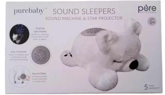PureBaby Sleeping Bear Sound Sleepers Sound Machine & Star Projector New