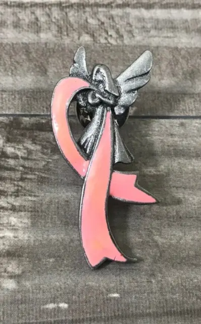 Camco Angel Pink Ribbon Pewter Lapel Hat Jacket Shirt Bag Pin Cancer Awareness