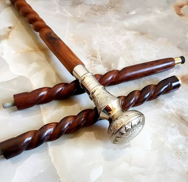 Brass Solid Head Handle Walking Stick Vintage Wooden Cane Designer Antique