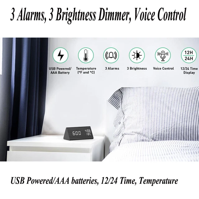 Large Digital LED Display Alarm Clock Snooze Temperature Mode Voice Control 3