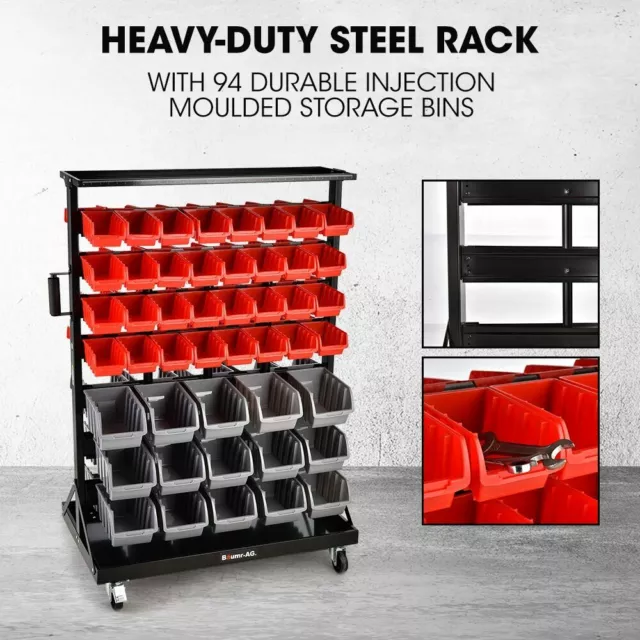 BAUMR-AG 94 Parts Bin Rack Storage Shelving Mobile Double-sided Plastic Tubs 2