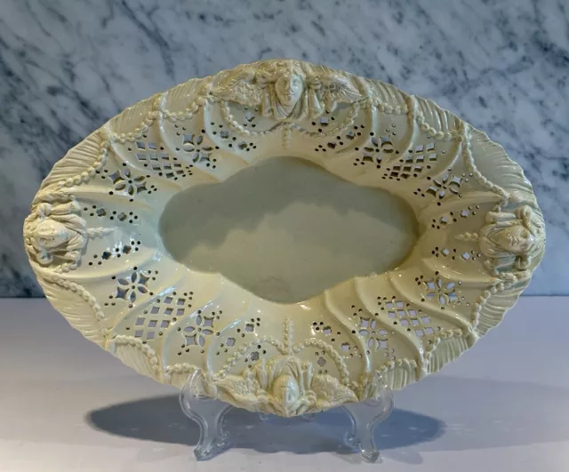 English Classical Figures Pierced Creamware Oval Fruit Basket Bowl Dish c. 1790