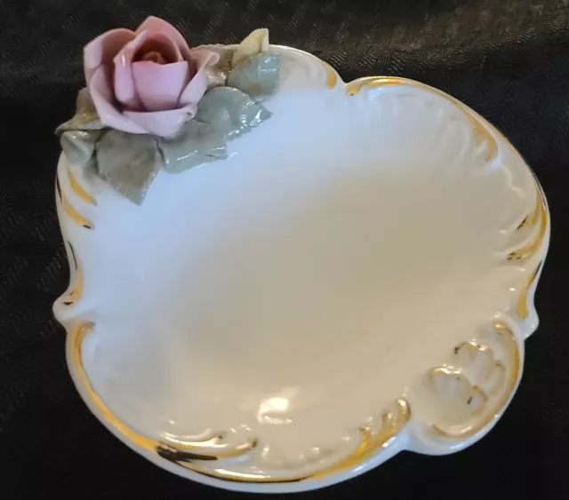 Vintage Dresden Tea Bag Holder or Trinket Dish Rose Marked N Crown