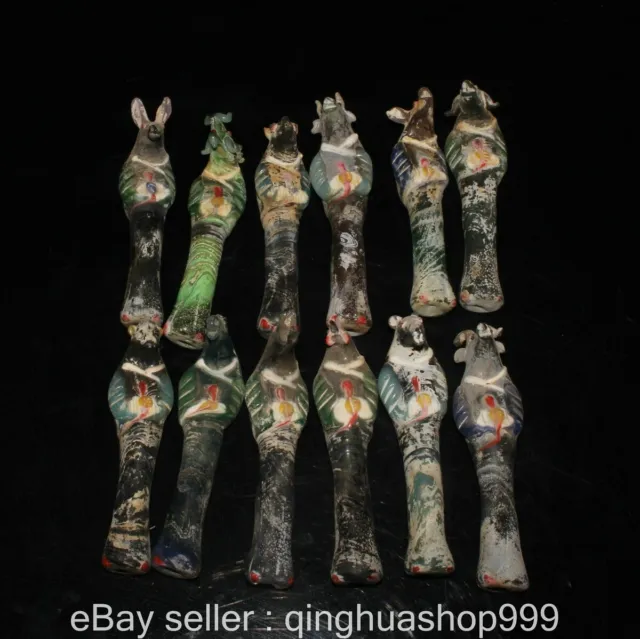 4.4" Chinese Marked Coloured Glaze A Set Fengshui 12 Zodiac Year Animal Statue