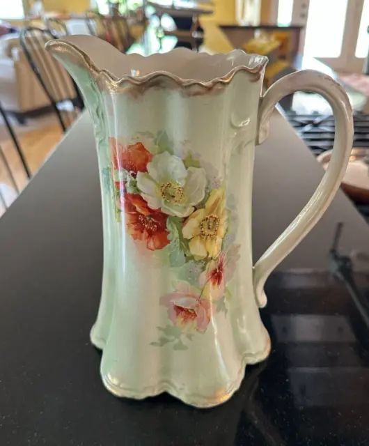 Vintage Floral Roses Ceramic Pitcher Hand Painted Gold Trim