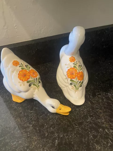 Vintage Hand Painted Ceramics Ducks Figurines Country Duck Goose Set of 2!