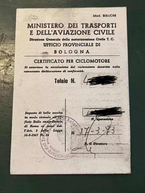 Libretto circolazione certificato ciclomotore DEMM 50cc vintage uso collezione