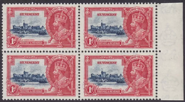 St VINCENT 1935 KGV SG142 1d SILVER JUBILEE MARGINAL BLOCK OF FOUR MNH