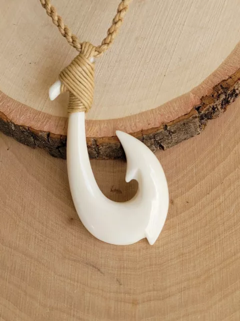 Hawaiian Buffalo Fish Bone 2" Hook Pendant Adjustable Necklace Choker W/ Cord