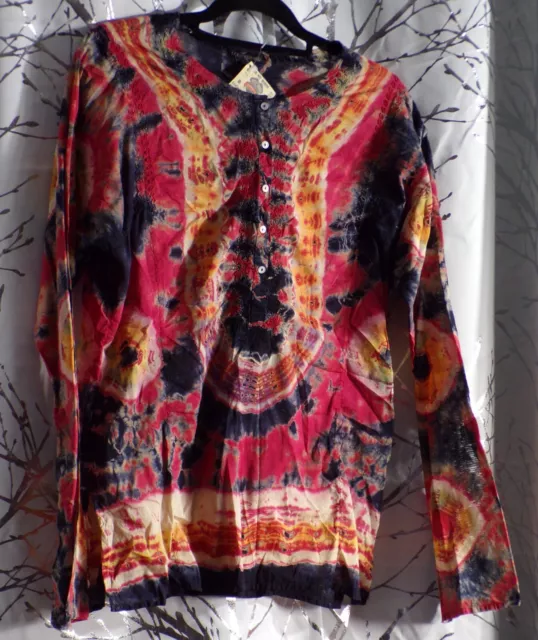 NEW NWT Lucky Brand Tie Dye Top Size L Large Long Sleeve Red Yellow Black