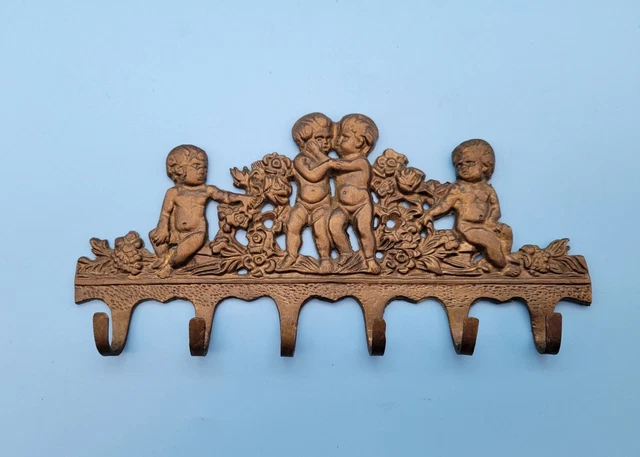 Vintage Brass Cherubs Flowers Key Holder Wall Mount Brass Hat Coat Hook Hanger