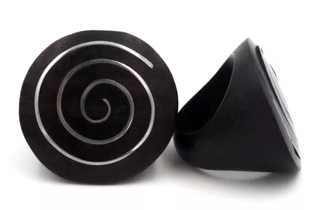 Hand Crafted Silver Ebony Wood Spiral Ring Jewellery Bali Size R or S