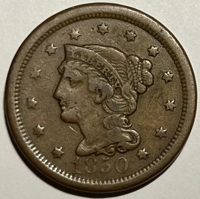 VF 1850 Braided Hair Large Cent -Very Fine -US Type Coin 1c ACTUAL PHOTOS LT7