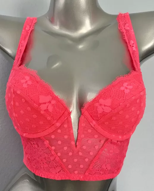 Victorias Secret Nwt Hot Pink Dream Angels Lightly Lined Sexy V Long Lace Bra
